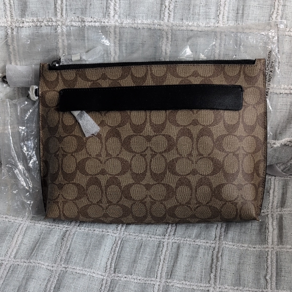 Coach Brown/Tan Signature Canvas Wristlet Pouch with Black Trim
